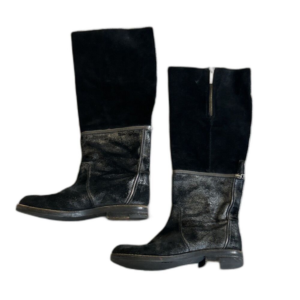 Eileen Fisher Boots Womens 7.5 Black Suede Metallic Tall Zipper Convertible